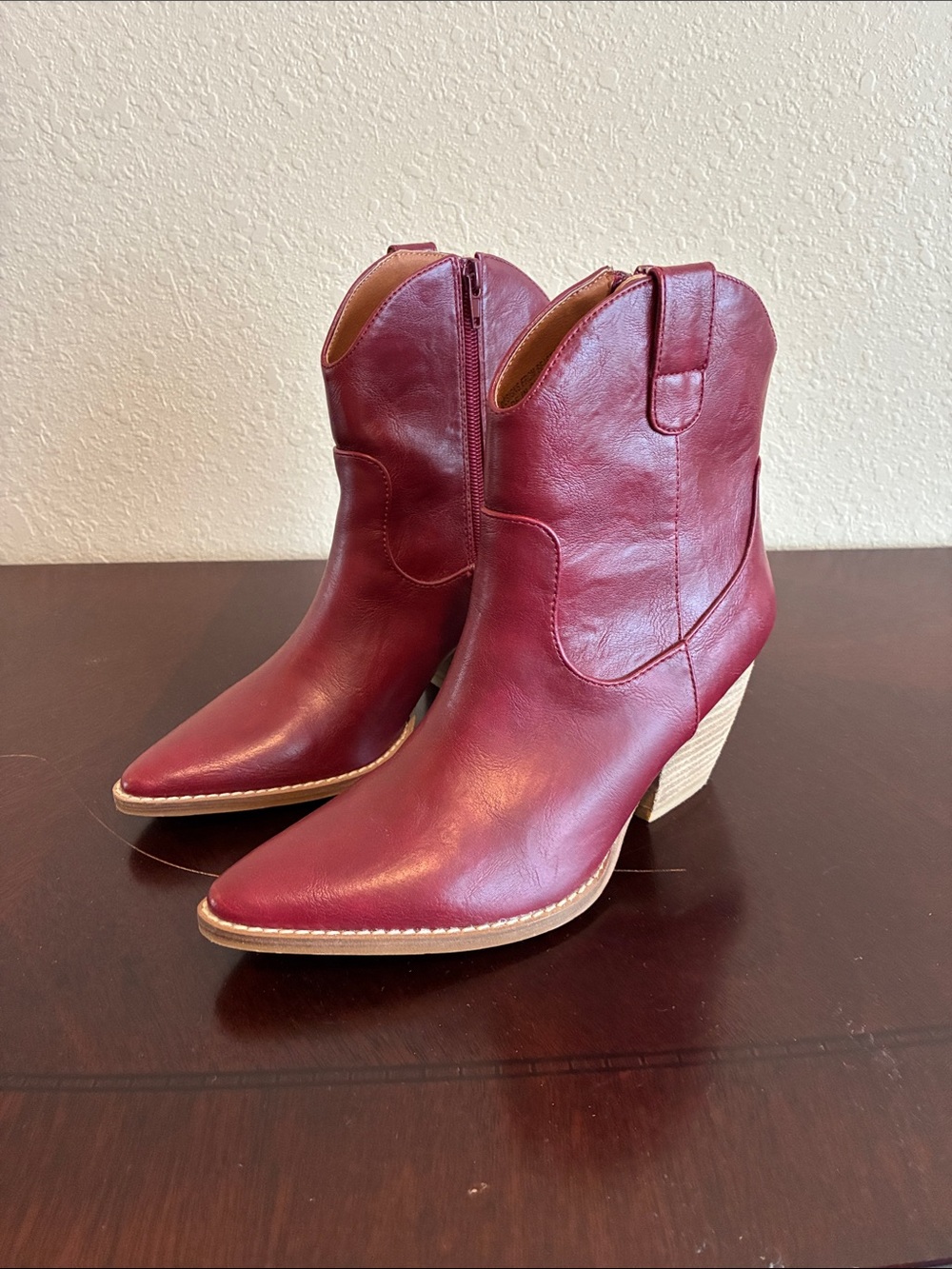 Women's Burgundy Western Ankle Booties with Stacked Heel